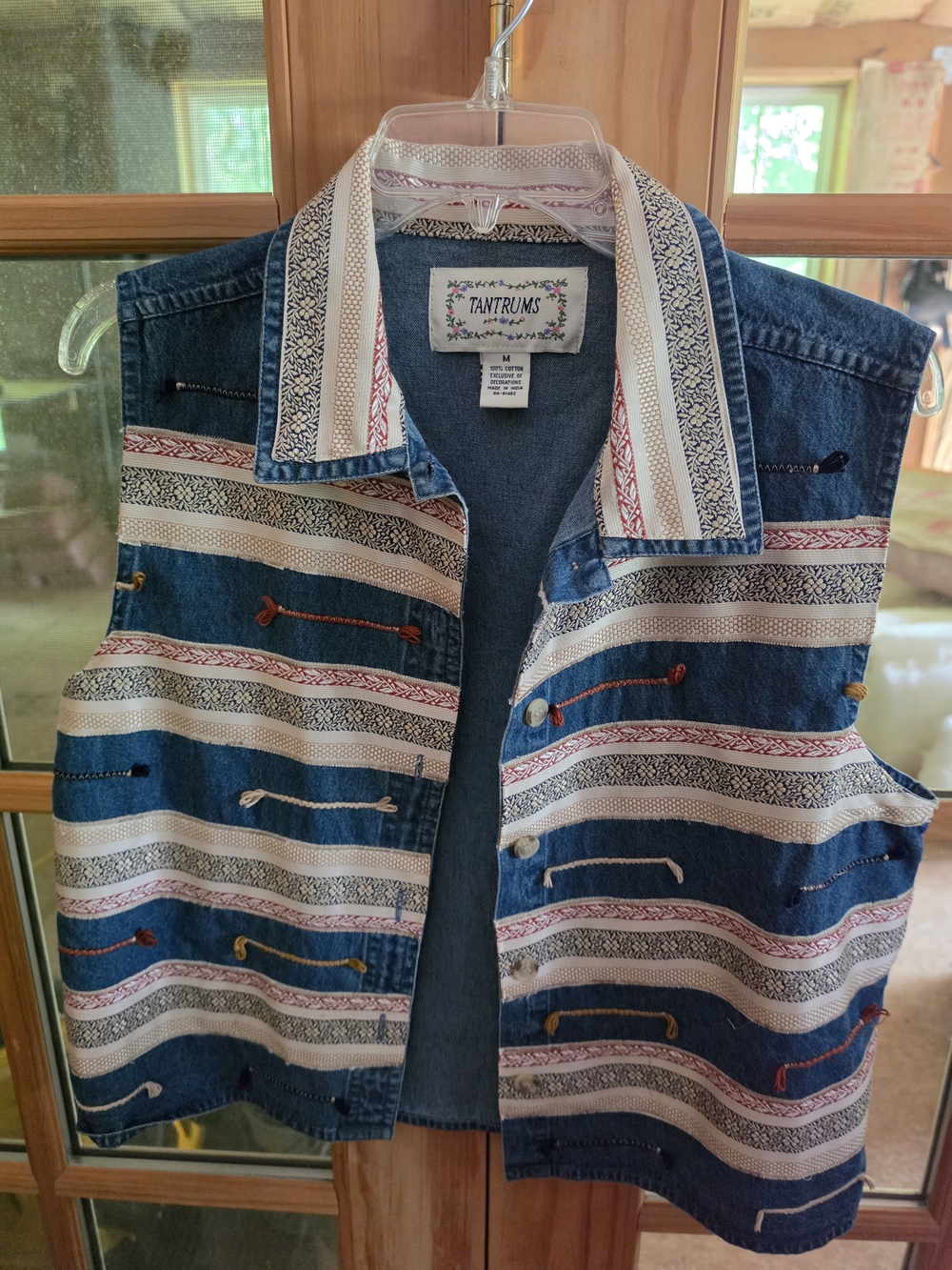 Vintage Tantrums Denim Embroidered Stripe Vest - Blue & Creme  Medium